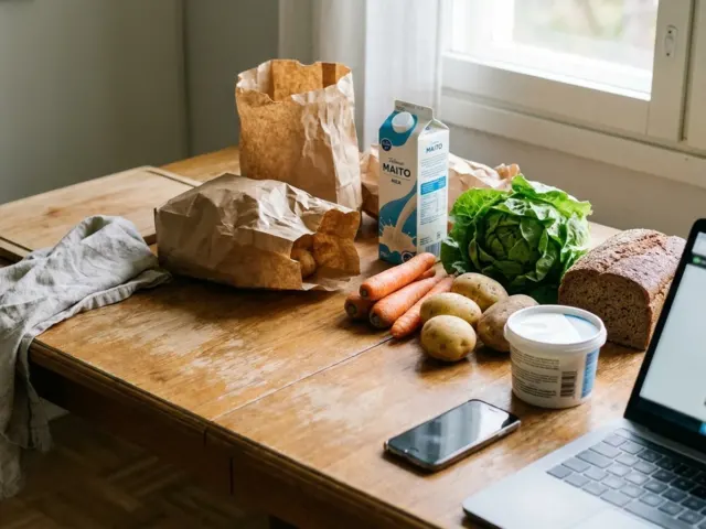 Keittiön pöytä ruokakauppatilauksen jälkeen, paperikasseja ja tuoreita.