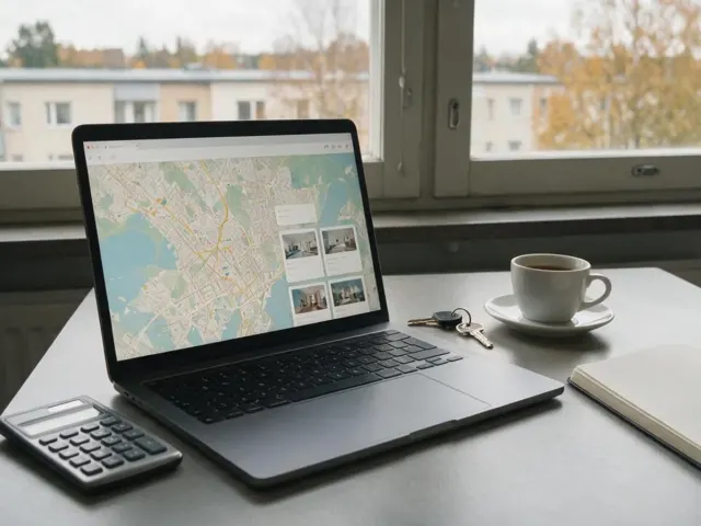 Keittiön pöytä, kannettava ja asuntohaun karttanäkymä.