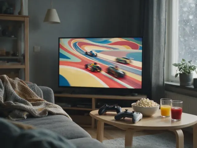 Olohuoneen peli-ilta, ohjaimet ja televisiossa värikäs ajopeli.