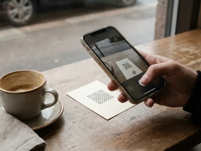 Käsi skannaa puhelimella QR-kuviota kahvilapöydässä.