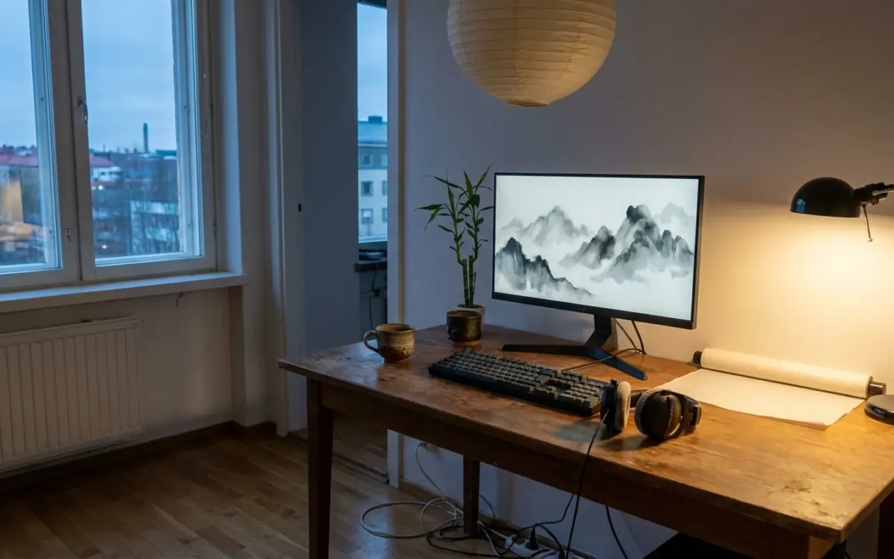Pelaajan työpiste hämärässä huoneessa, näytöllä sumuinen vuoristomaisema.