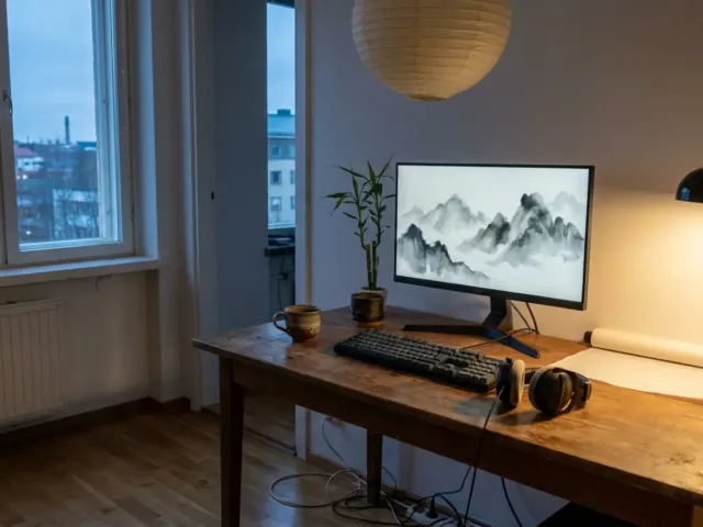 Pelaajan työpiste hämärässä huoneessa, näytöllä sumuinen vuoristomaisema.