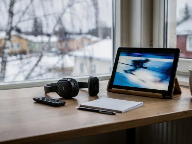 Keittiön pöytä, tabletti ja kuulokkeet talvisen urheilulähetyksen katselua varten.