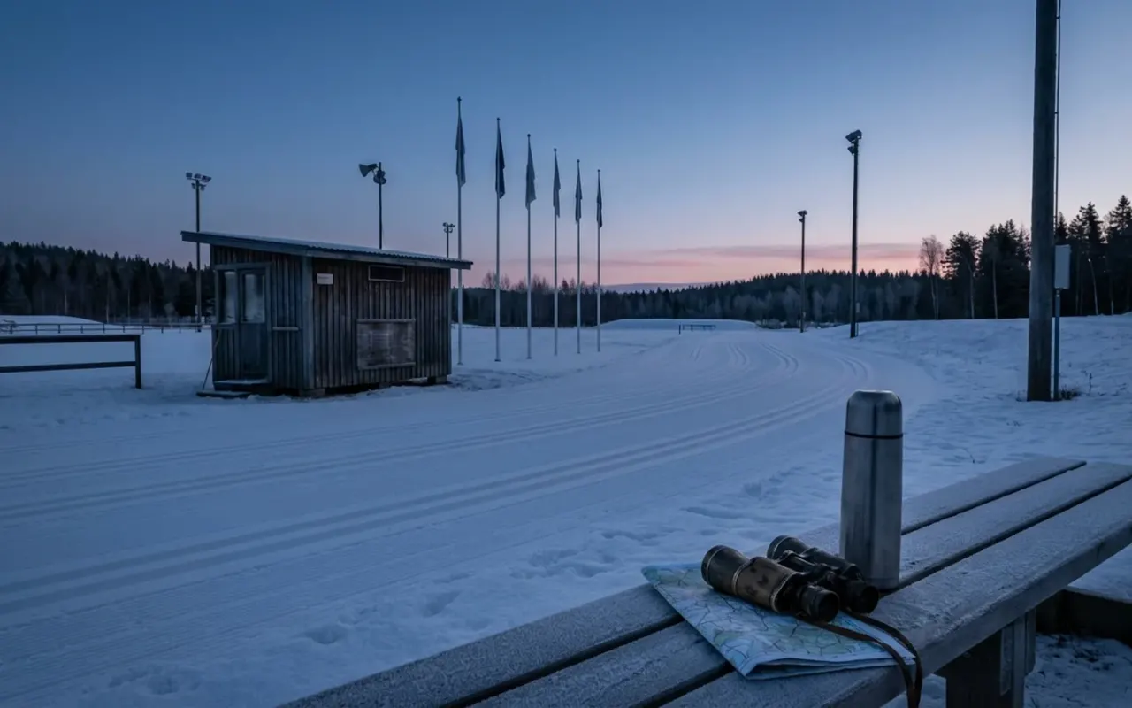 Tyhjä maastohiihtostadion varhaisessa aamunvalossa, latu-urat ja ajanotto.