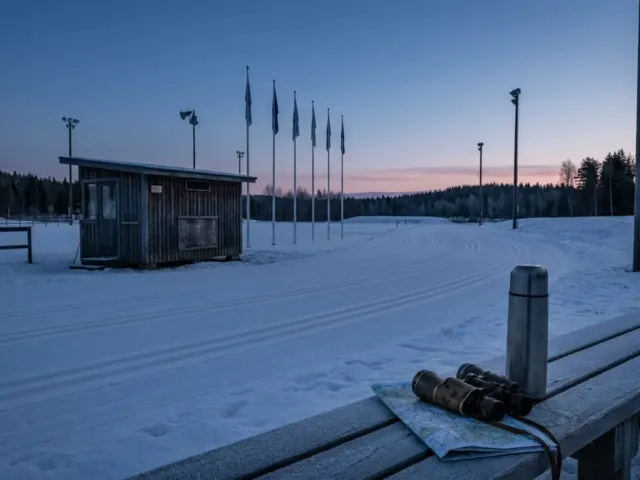 Tyhjä maastohiihtostadion varhaisessa aamunvalossa, latu-urat ja ajanotto.