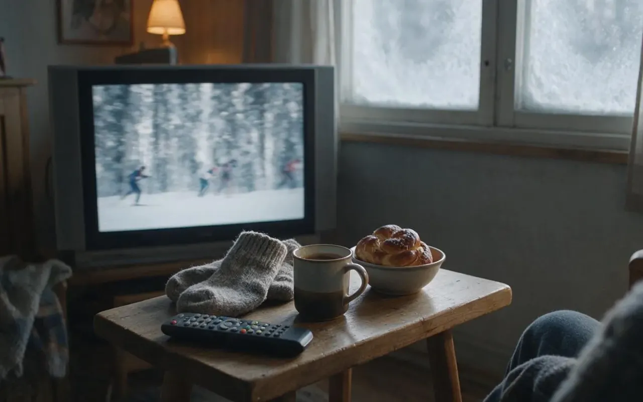 Kotiolohuoneessa seurataan talvista hiihtolähetystä television äärellä.