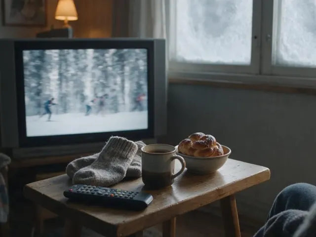Kotiolohuoneessa seurataan talvista hiihtolähetystä television äärellä.