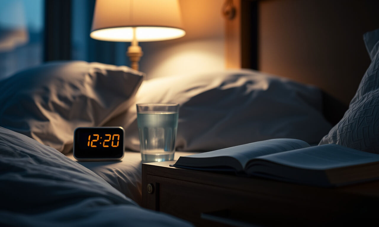 Digitaalinen pöytäkello numeronäytöllä yöpöydällä himmeässä iltauvalassa, vieressä lasi vettä ja kirja.
