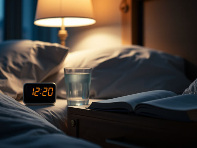 Digitaalinen pöytäkello numeronäytöllä yöpöydällä himmeässä iltauvalassa, vieressä lasi vettä ja kirja.