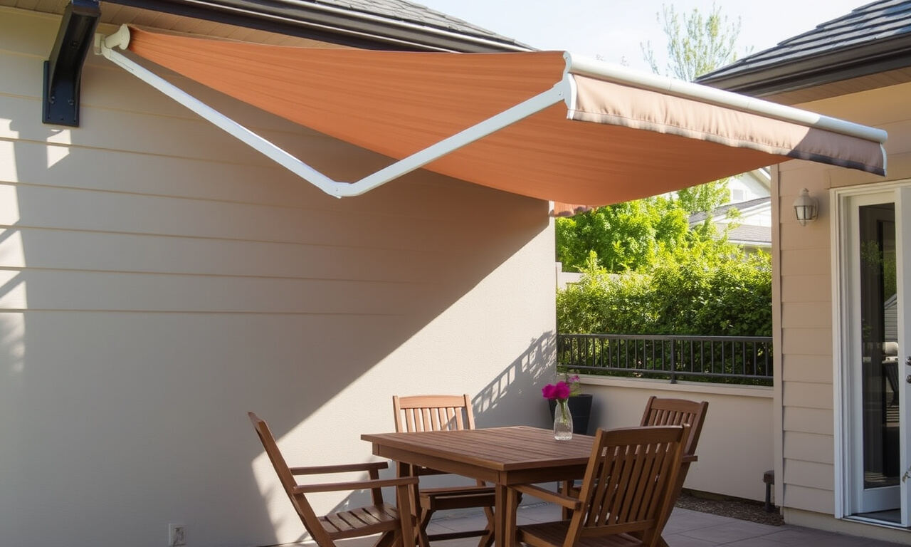 Terrace awning extending over a patio table with chairs beside a house wall in bright daylight