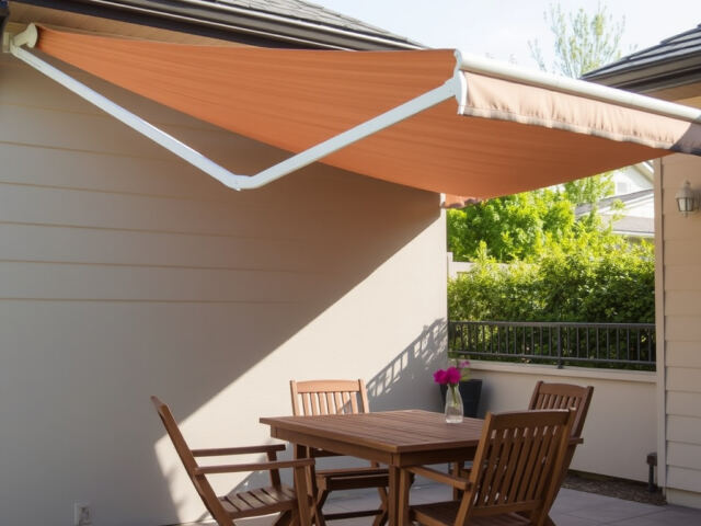 Terrace awning extending over a patio table with chairs beside a house wall in bright daylight