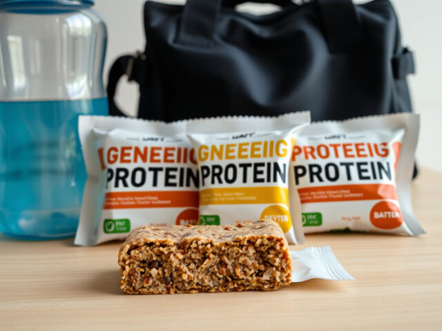 Kolme merkiltään tunnistamatonta proteiinipatukkaa eri kokoisena keittiön tiskilläillä urheilulaukun ja vesipullon vieressä, yksi patukoista leikattuna auki